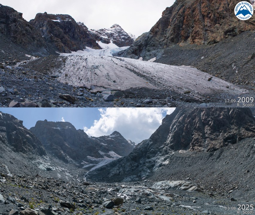 A combo image of an overview of the Ventina glacier, near Sondrio, northern Italy, in 2009, above, and same view on Wednesday, Aug. 13, 2025. (Lombardy Glaciology Service via AP)