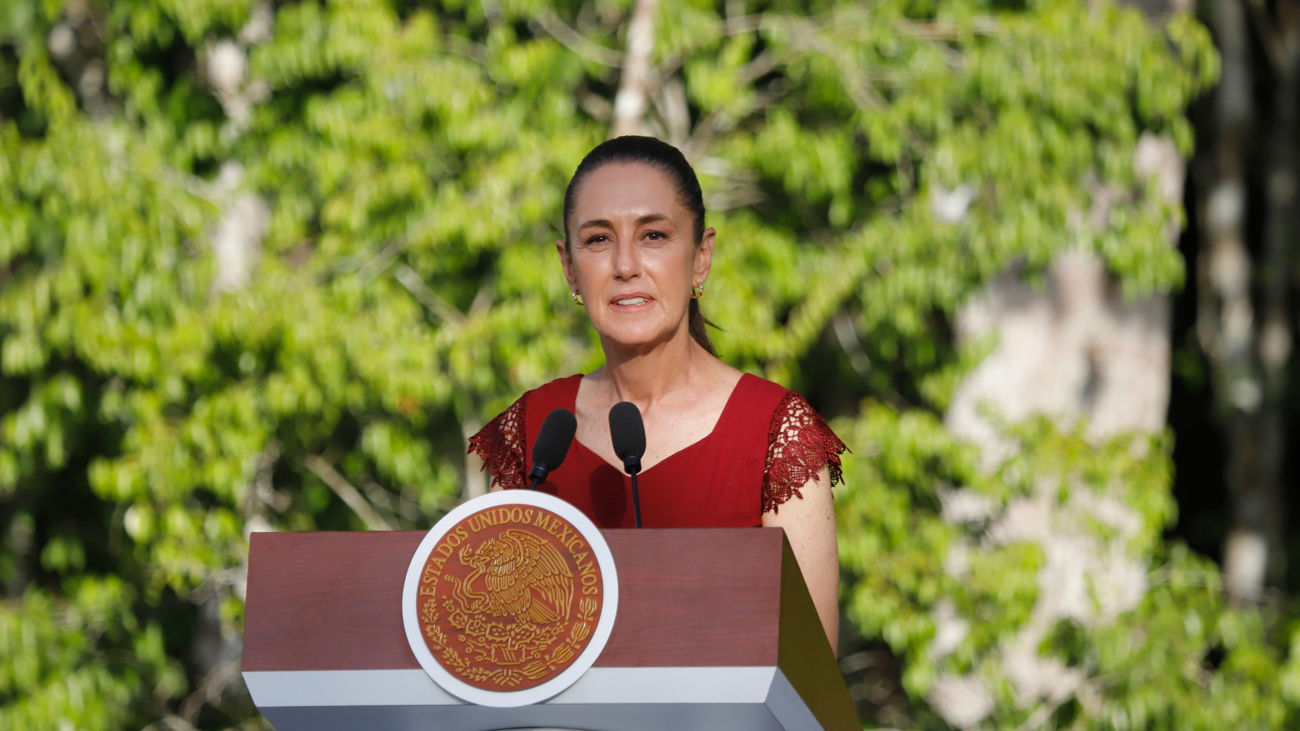 Mexican President Claudia Sheinbaum talks to reporters during a joint press conference, in Calakmul, Campeche state, Mexico, Friday, Aug. 15, 2025. (AP Photo/Martin Zetina)