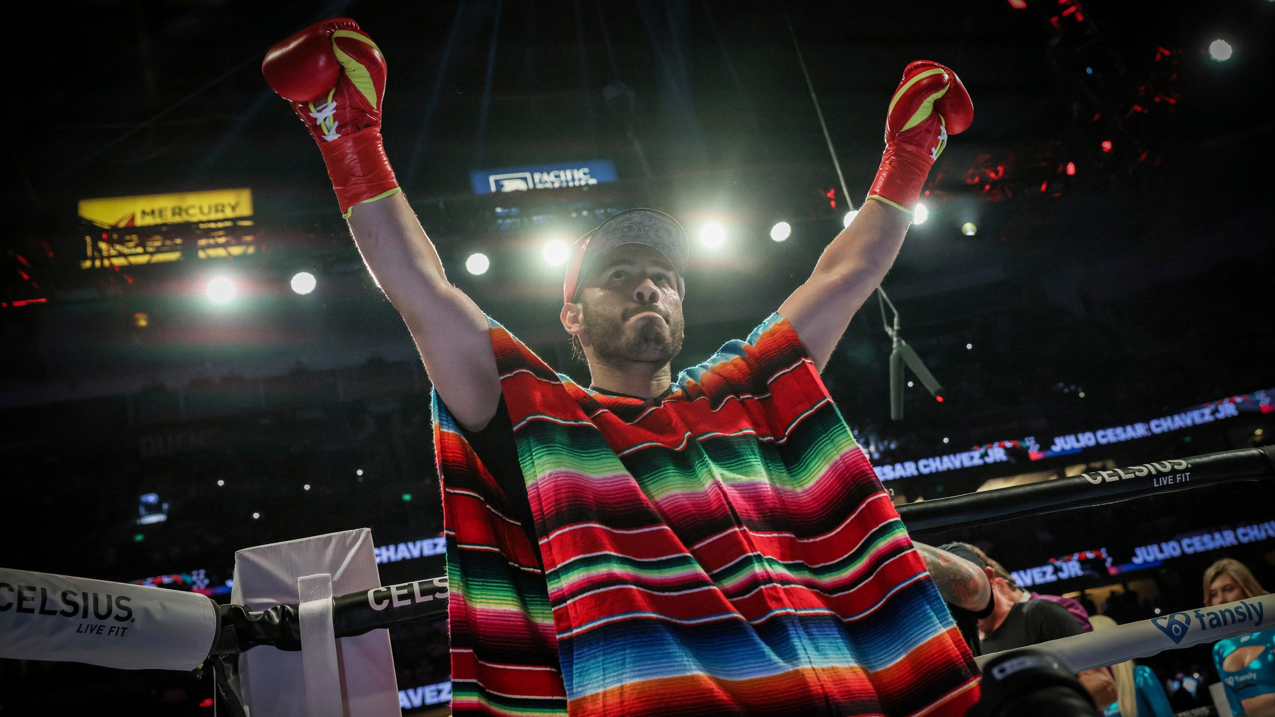 FILE - Julio Cesar Chavez Jr. arrives for his cruiserweight boxing match against Jake Paul, in Anaheim, Calif., June 28, 2025. (AP Photo/Etienne Laurent, File)