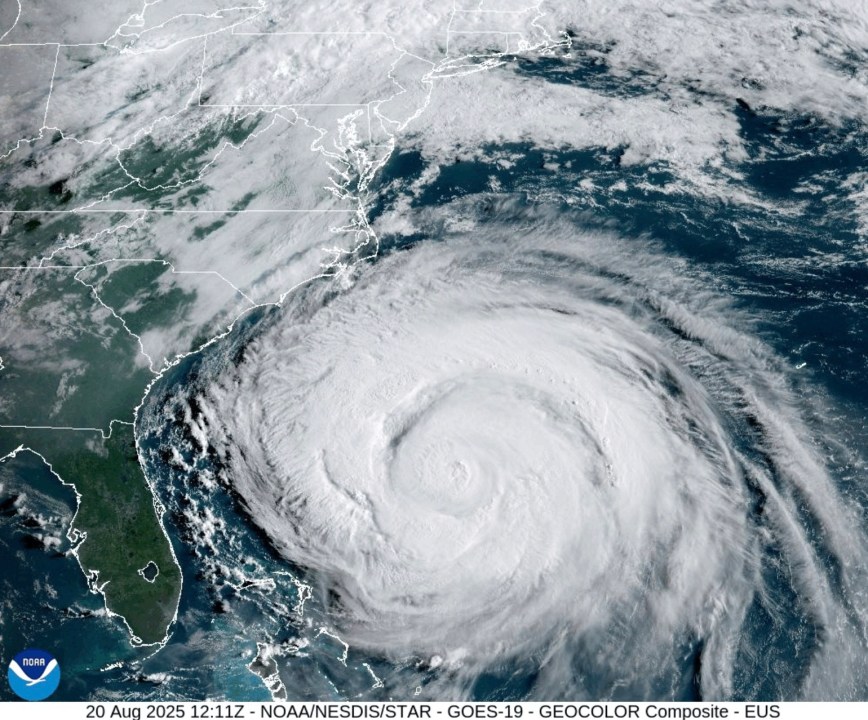 This image provided by the National Oceanic and Atmospheric Administration (NOAA) shows Hurricane Erin on Wednesday, Aug. 20, 2025. (NOAA via AP)