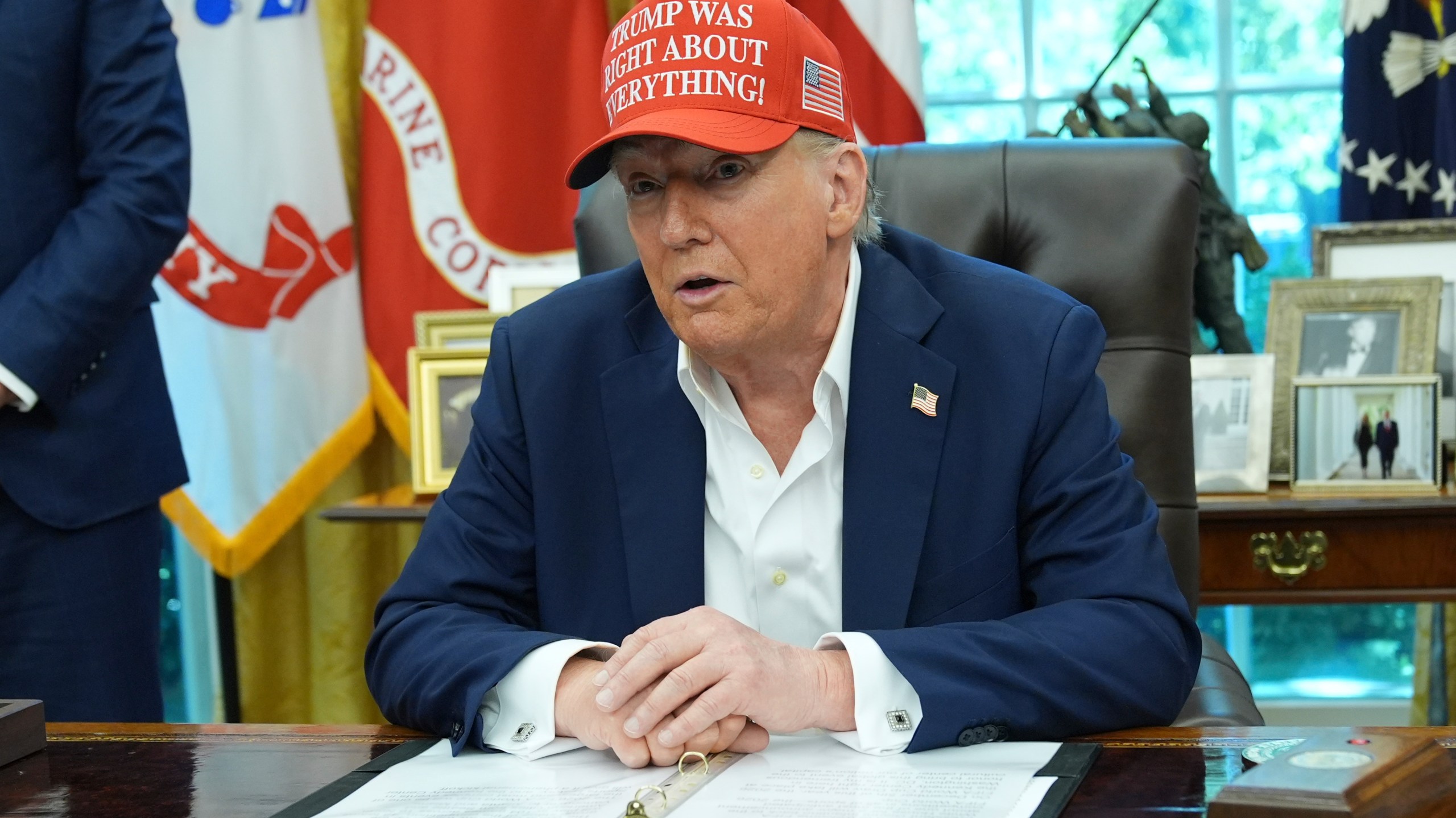 President Donald Trump speaks in the Oval Office of the White House, Friday, Aug. 22, 2025, in Washington. (AP Photo/Jacquelyn Martin)