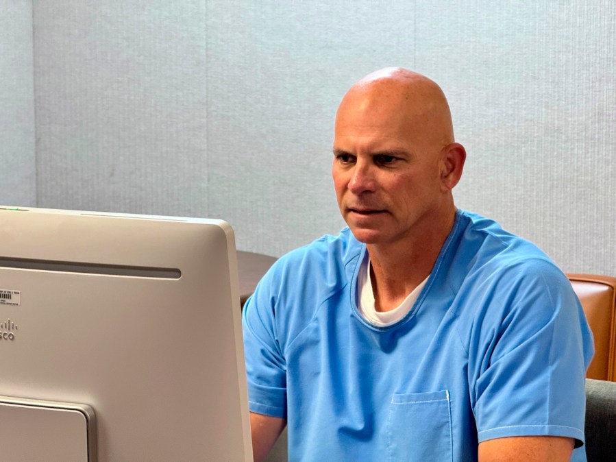 Lyle Menendez appears before the parole board via teleconference on Friday, Aug 22, 2025, at the Richard J. Donovan Correctional Facility in San Diego. (California Department of Corrections via AP)
