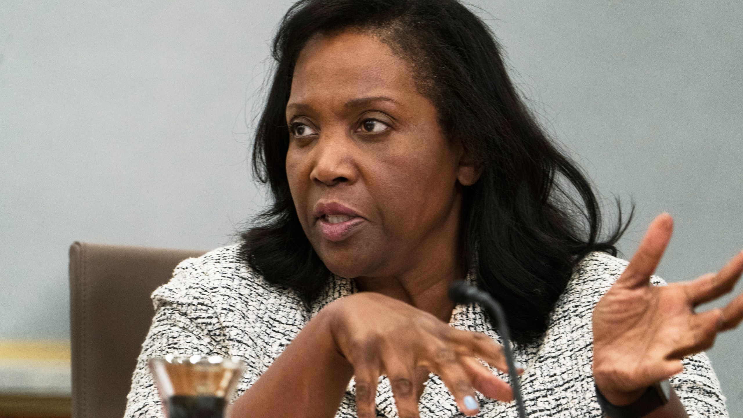 FILE - Board of Governors of the Federal Reserve member Lisa Cook, speaks during a conversations with leaders from organizations that include nonprofits, small businesses, manufacturing, supply chain management, the hospitality industry, and the housing and education sectors at the Federal Reserve building, Sept. 23, 2022, in Washington. (AP Photo/Manuel Balce Ceneta, File)