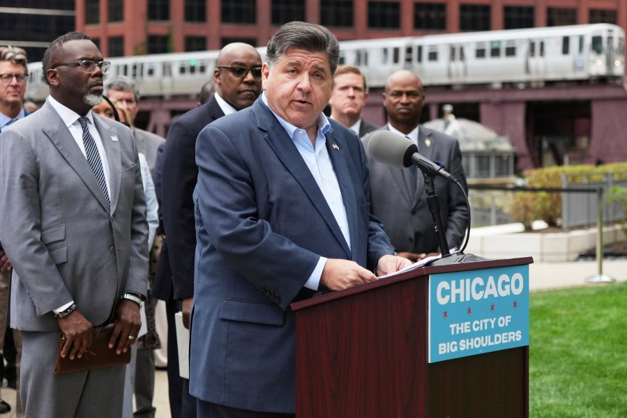 Illinois Governor JB Pritzker speaks during a news conference at River Point Park, Monday, Aug. 25, 2025, in Chicago. (AP Photo/Nam Y. Huh)