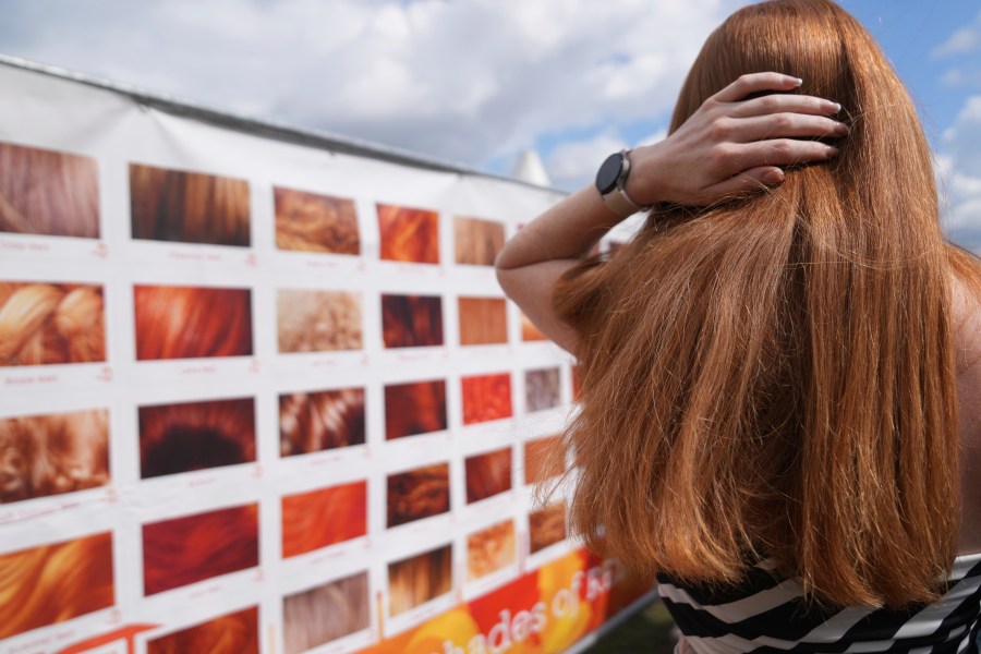 A participant checks her hair color on a chart of gradations of red during the Red Head Days festival in Tilburg, Netherlands, Saturday, Aug. 30, 2025. (AP Photo/Virginia Mayo)