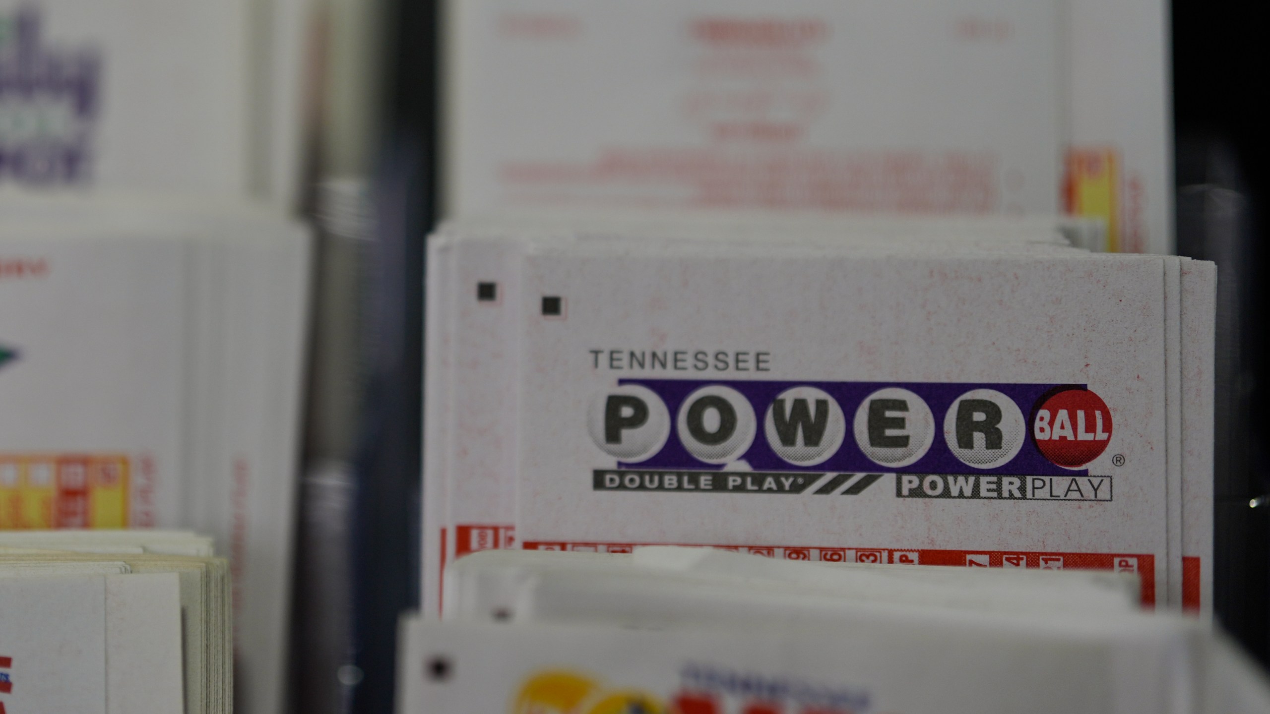 Powerball play slips are seen Friday, Aug. 29, 2025, in Nashville, Tenn. (AP Photo/George Walker IV)
