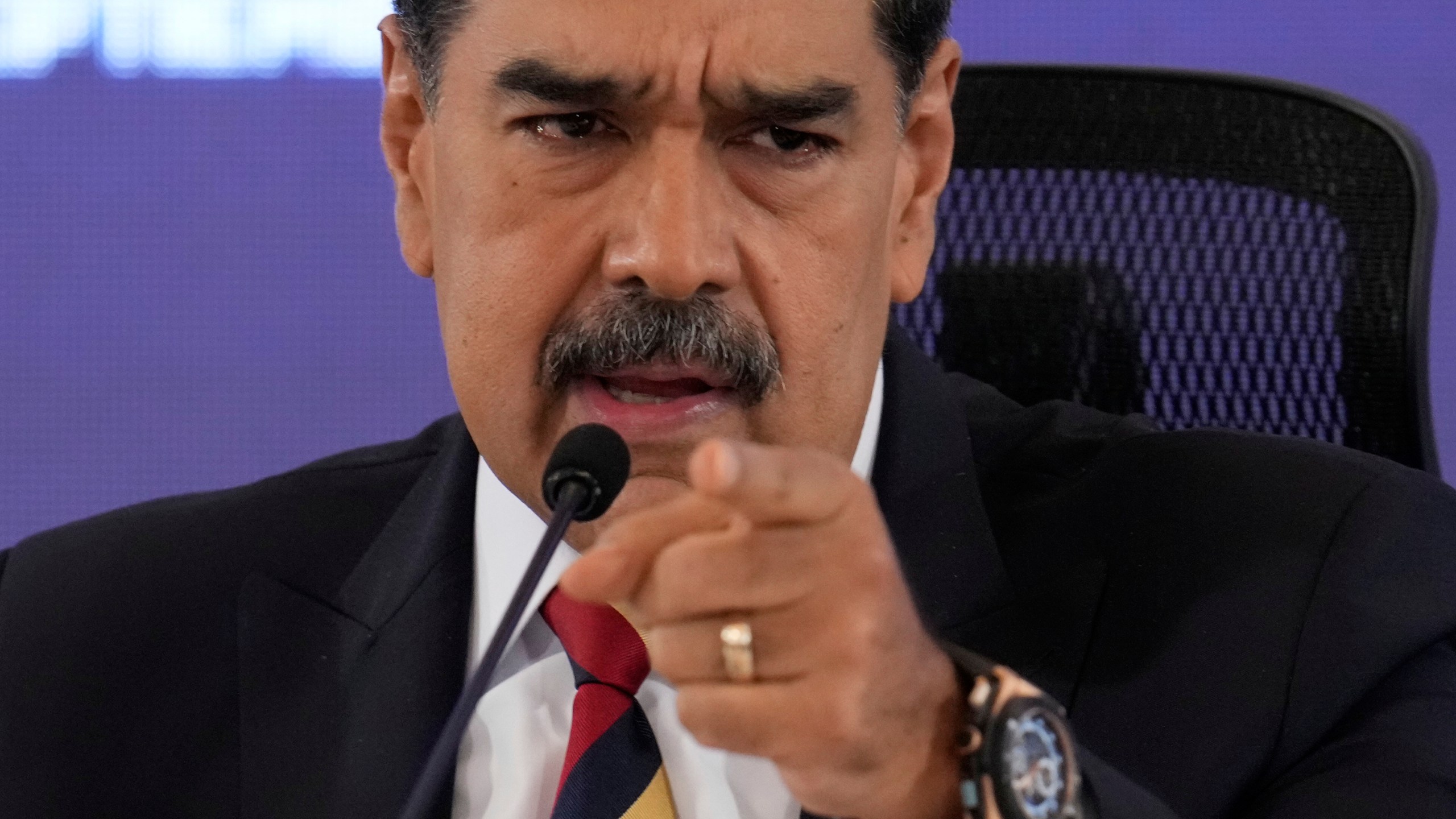 Venezuela President Nicolas Maduro speaks during a press conference in Caracas, Venezuela, Monday, Sept. 1, 2025. (AP Photo/Ariana Cubillos)
