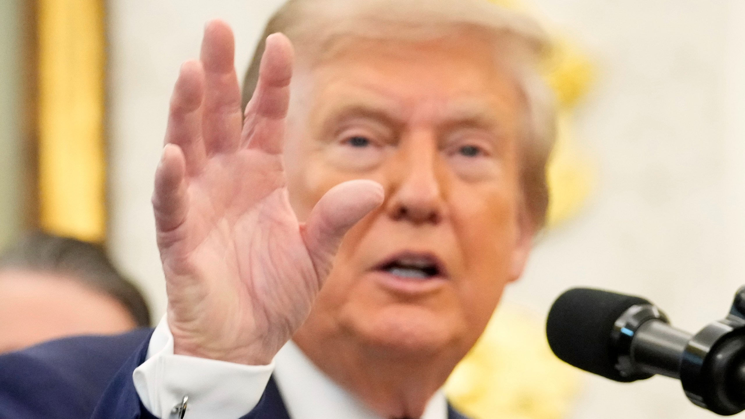 President Donald Trump speaks during an event about the relocation of U.S. Space Command headquarters from Colorado to Alabama in the Oval Office of the White House, Tuesday, Sept. 2, 2025, in Washington. (AP Photo/Mark Schiefelbein)