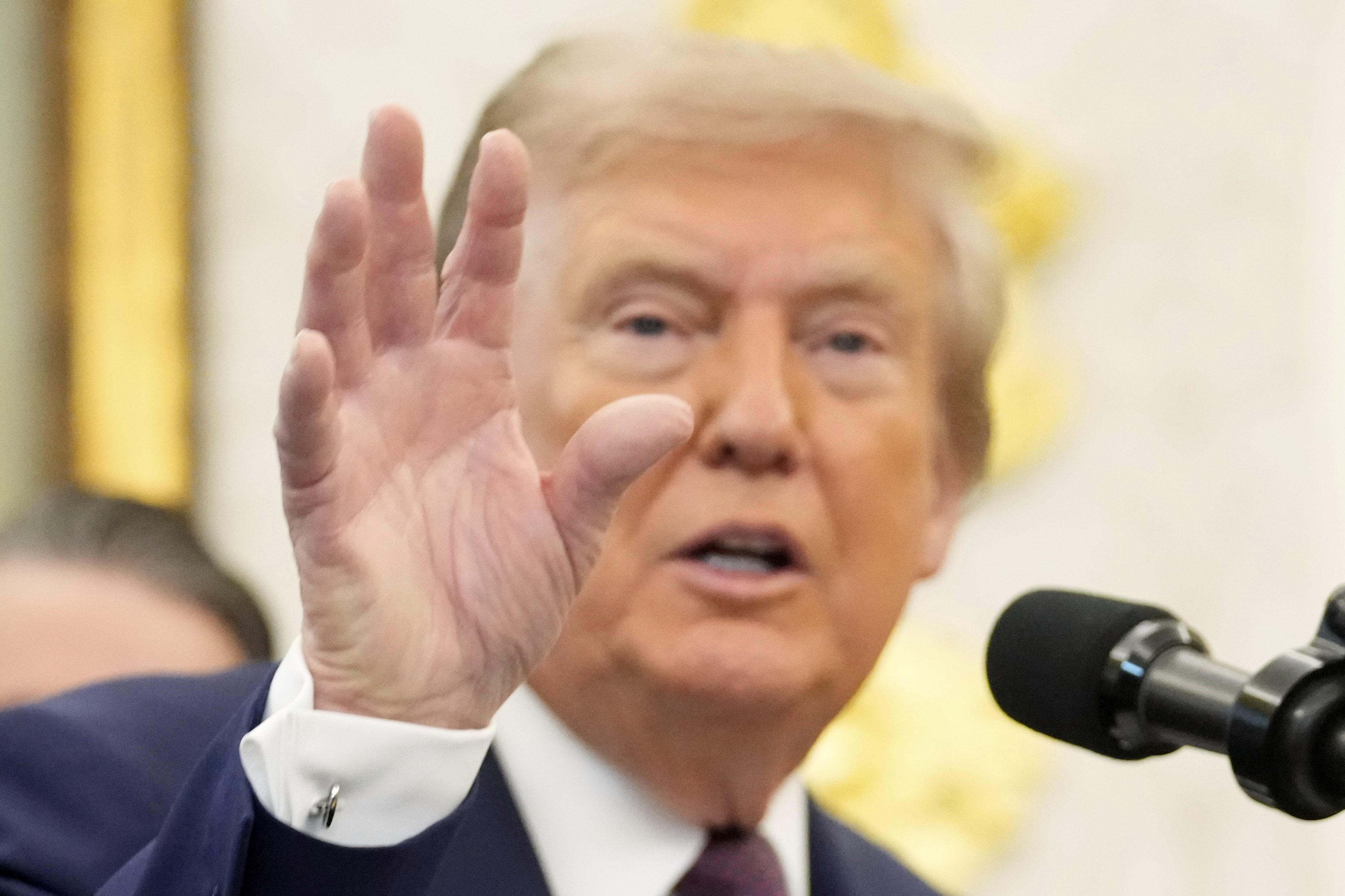 President Donald Trump speaks during an event about the relocation of U.S. Space Command headquarters from Colorado to Alabama in the Oval Office of the White House, Tuesday, Sept. 2, 2025, in Washington. (AP Photo/Mark Schiefelbein)