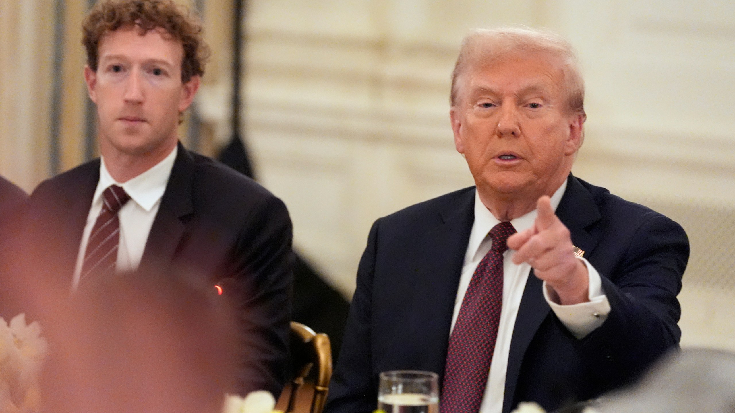 Facebook CEO Mark Zuckerberg listens as President Donald Trump speaks during a dinner in the State Dinning Room of the White House, Thursday, Sept. 4, 2025, in Washington. (AP Photo/Alex Brandon)