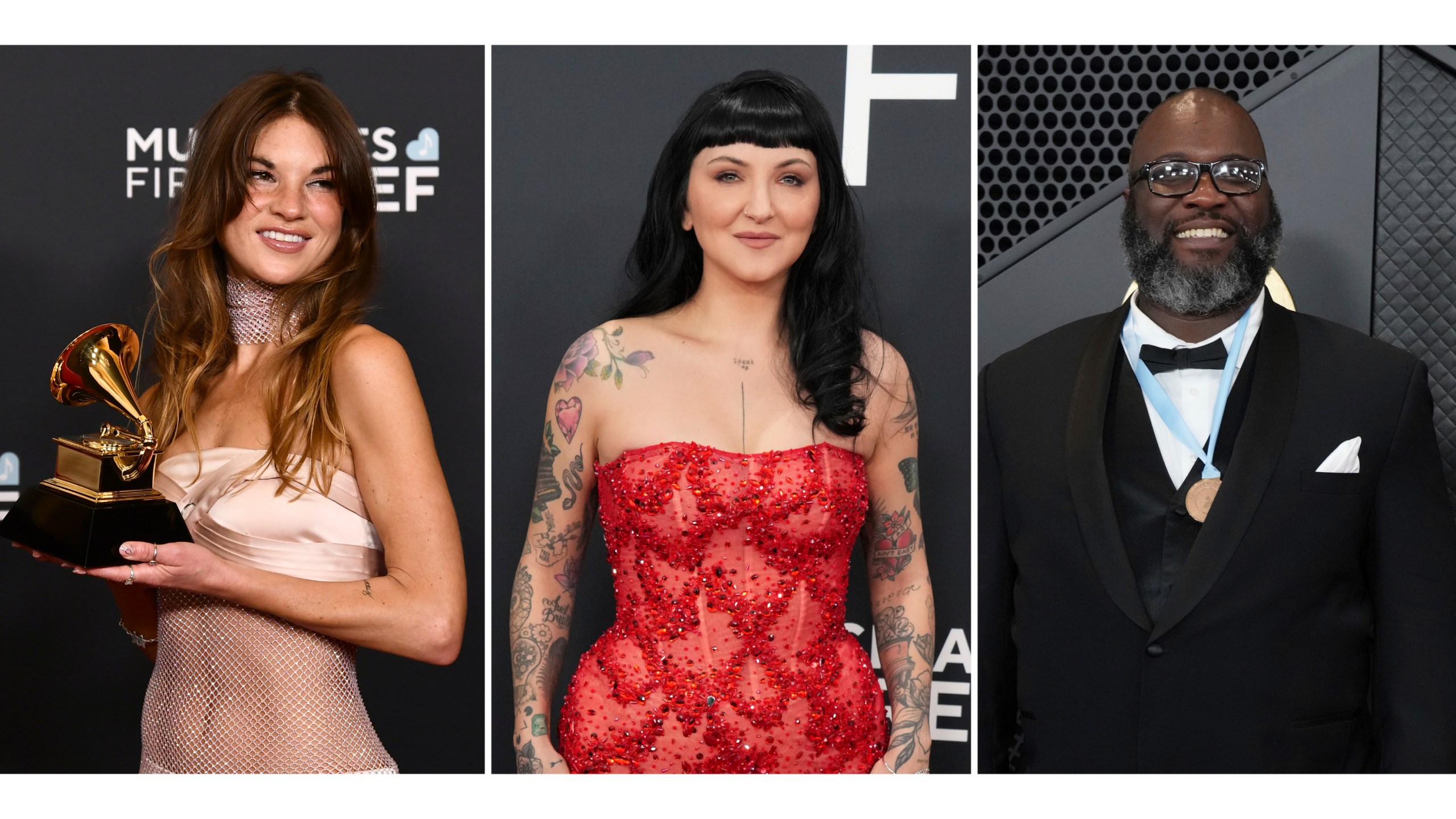 Amy Allen poses with the award for songwriter of the year, non-classical during the 67th annual Grammy Awards in Los Angeles on Feb. 2, 2025, left, Julia Michaels appears at the 67th annual Grammy Awards in Los Angeles on Feb. 2, 2025, center, and Sebastian Kole appears at the 66th annual Grammy Awards in Los Angeles on Feb. 4, 2024. (AP Photo)
