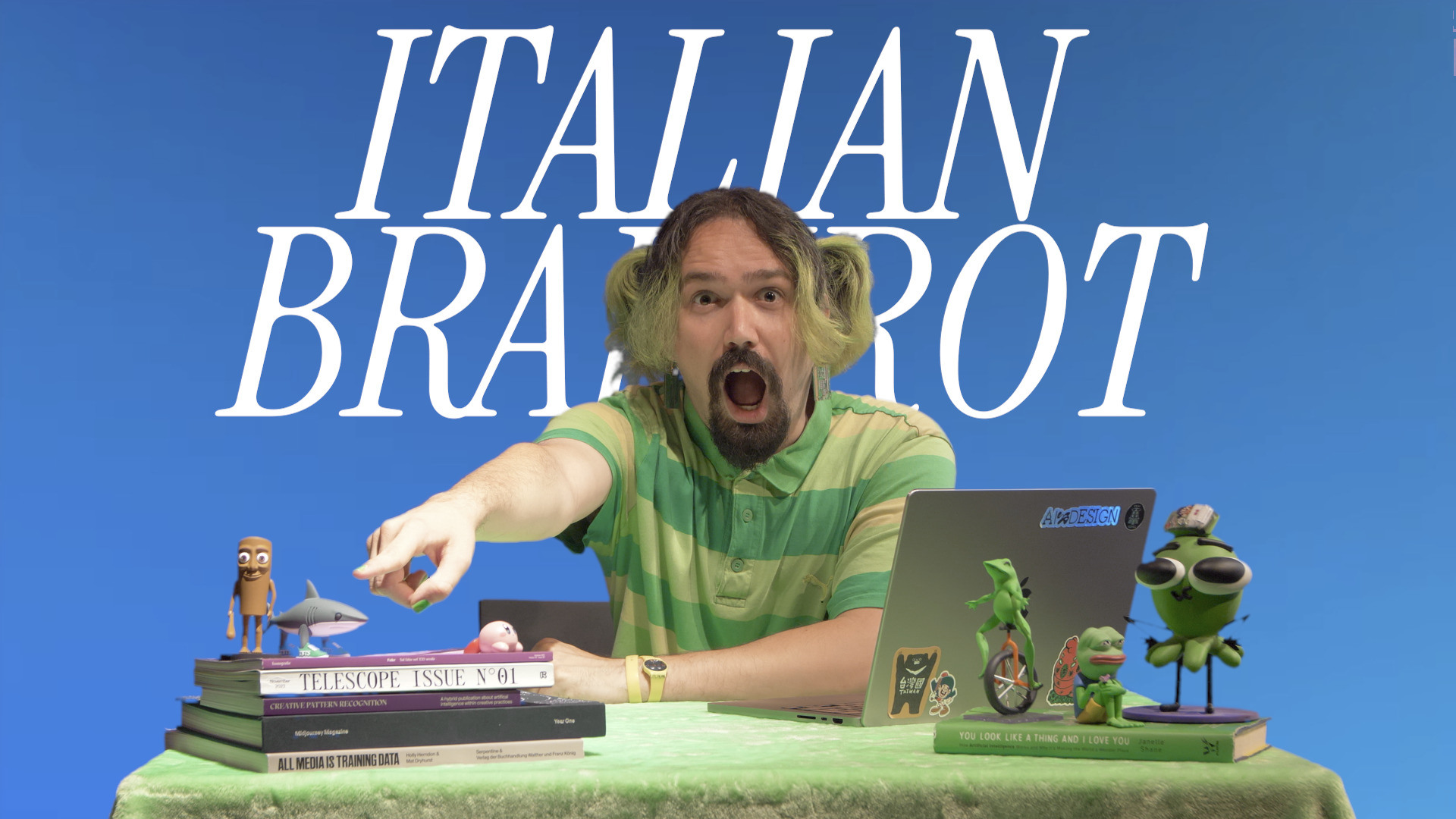 This image provided by Fabian Mosele shows an undated self-portrait photo of A.I. animator Fabian Mosele, sitting in front of the A.I. generated words "Italian Brain Rot," a meme genre that captured the attention of teens across the world. (Fabian Mosele via The AP).