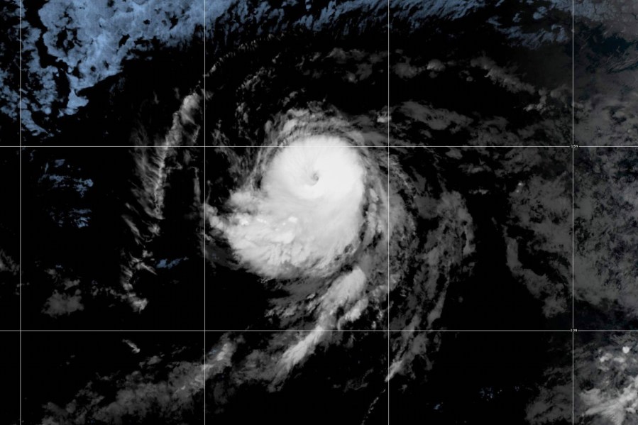 This GOES-West GeoColor satellite image taken Friday, Sept. 5, 2025, at 11 a.m. EDT and provided by NOAA, shows Hurricane Kiko churning over open waters in the Pacific Ocean. (NOAA via AP)