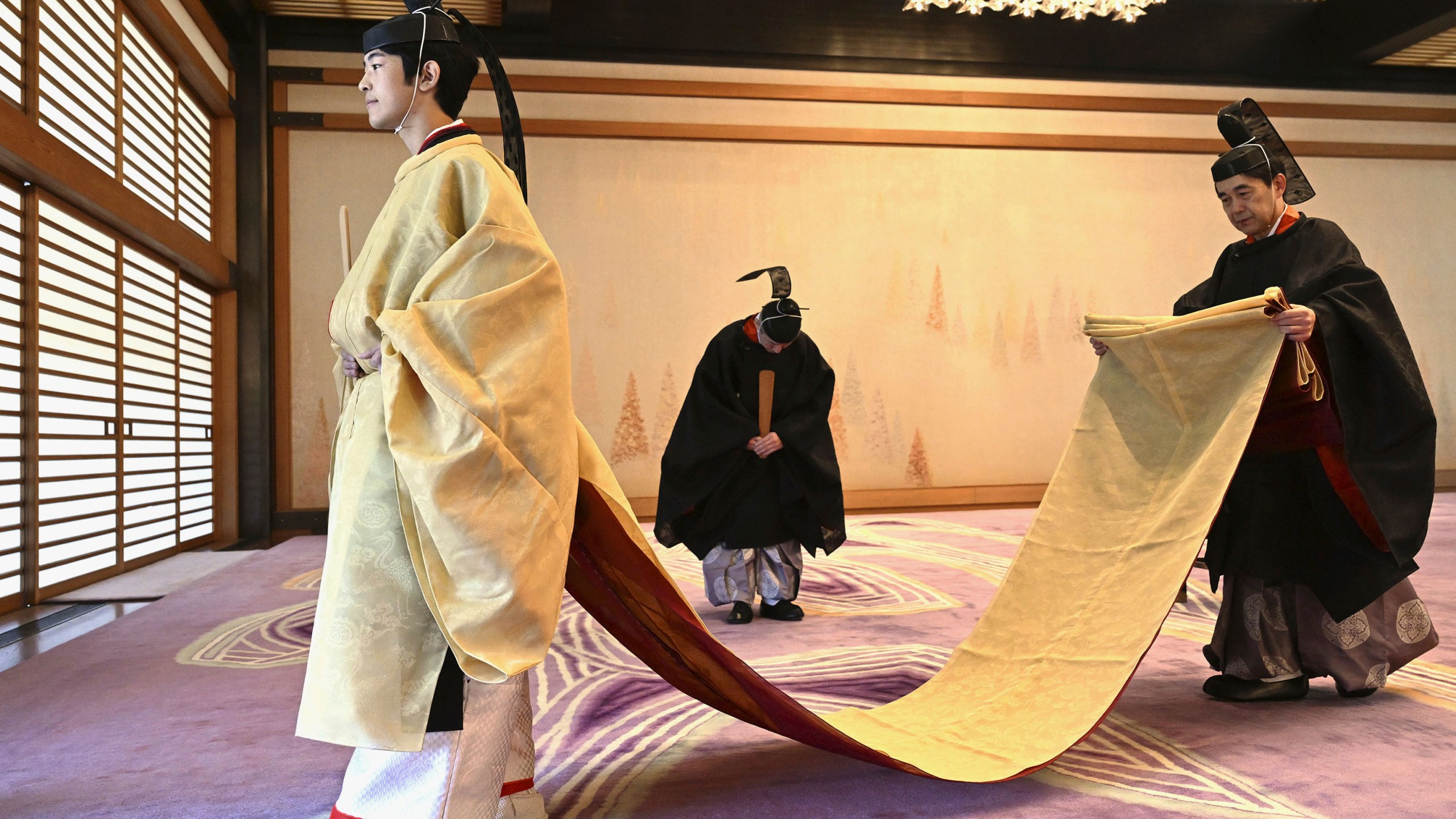 Japanese Prince Hisahito is seen in ceremonial attire during his coming-of-age rites in the Imperial Palace on his 19th birthday in Tokyo on Saturday, Sept. 6, 2025. (Kyodo News via AP)