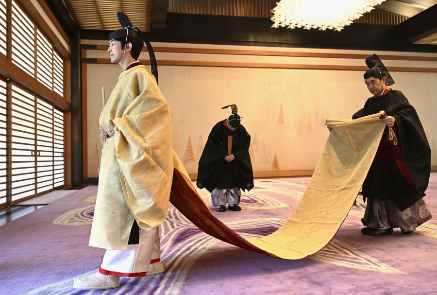 Japanese Prince Hisahito is seen in ceremonial attire during his coming-of-age rites in the Imperial Palace on his 19th birthday in Tokyo on Saturday, Sept. 6, 2025. (Kyodo News via AP)