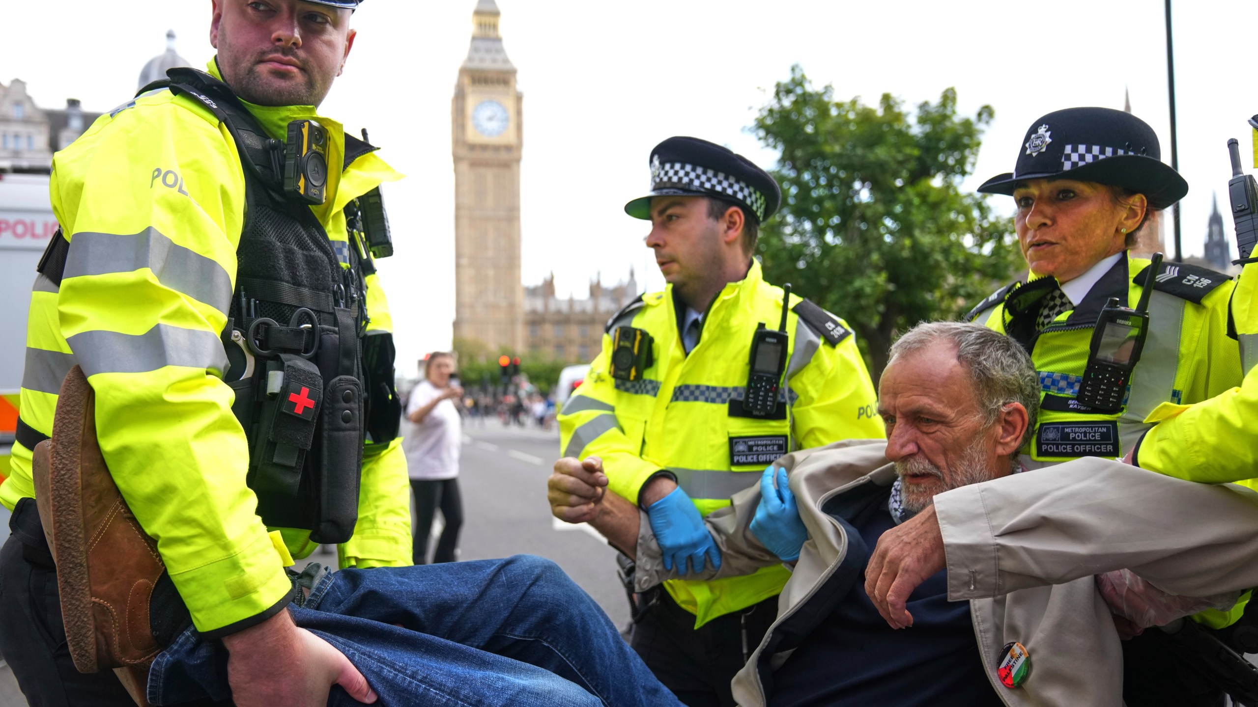 Police officers carry a protester during a protest to support Palestine Action in London, Saturday, Sept. 6, 2025.(AP Photo/Joanna Chan)