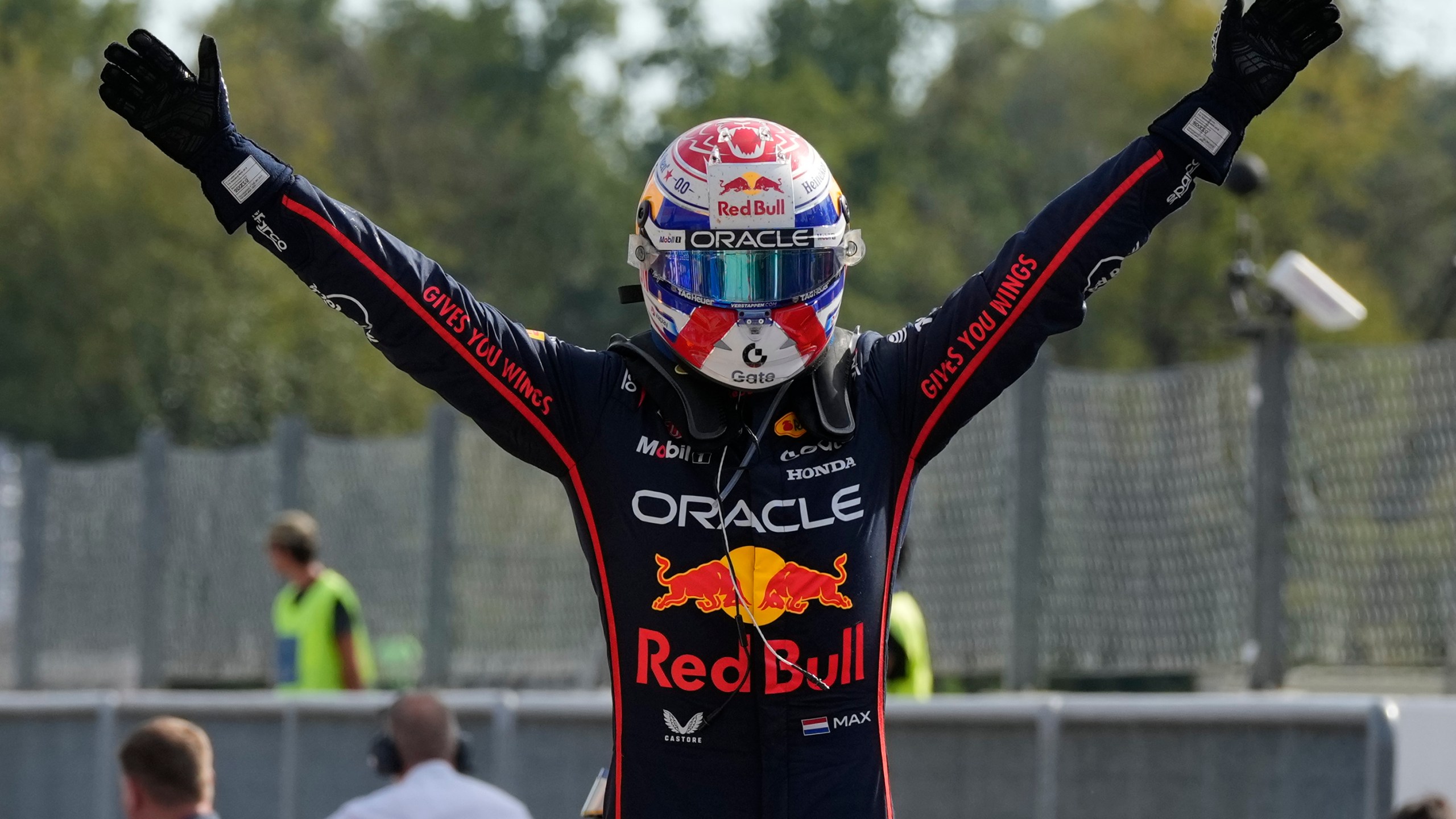 Red Bull driver Max Verstappen of the Netherlands celebrates after winning the Italian Grand Prix race at the Monza racetrack in Monza, Italy, Sunday, Sept. 7, 2025. (AP Photo/Luca Bruno)