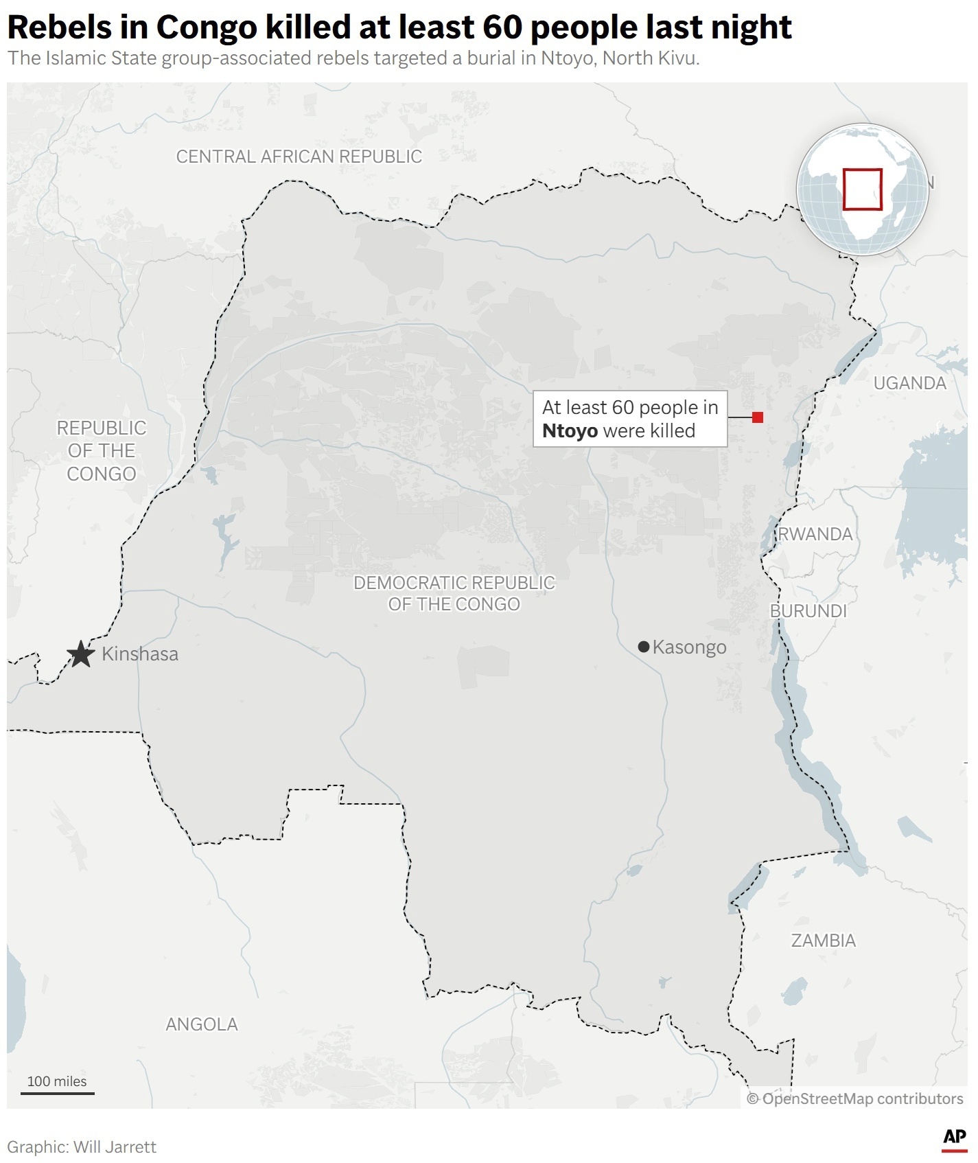 This map shows the location of Nyoto in Congo, where the Allied Democratic Force attacked and killed at least 60 people. (AP Digital Embed)