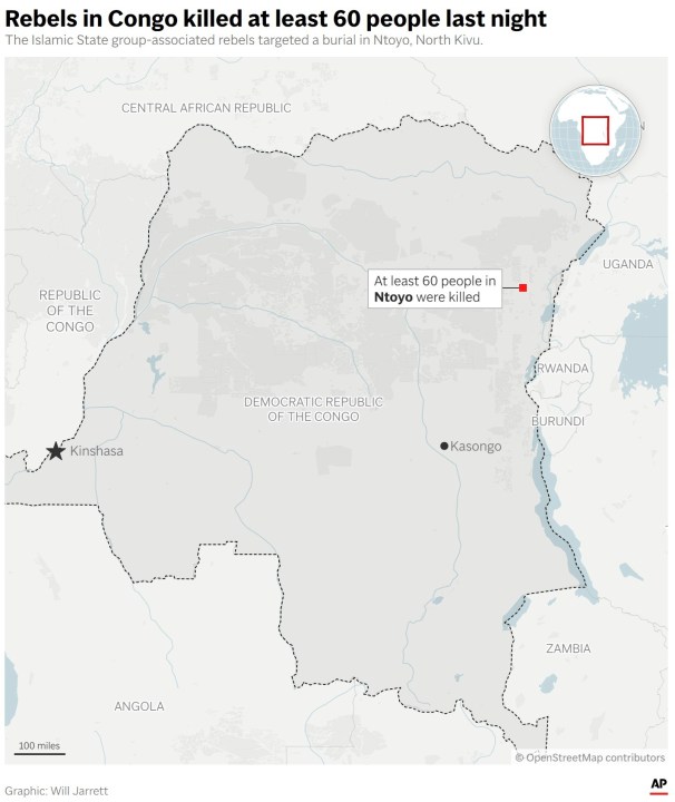 This map shows the location of Nyoto in Congo, where the Allied Democratic Force attacked and killed at least 60 people. (AP Digital Embed)