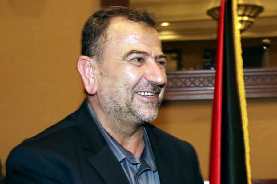 FILE - This photo released by the Hamas Media Office shows Saleh Arouri upon his arrival in in Gaza City from Cairo, Egypt, Aug. 2, 2018. (Mohammad Austaz/Hamas Media Office via AP, File)