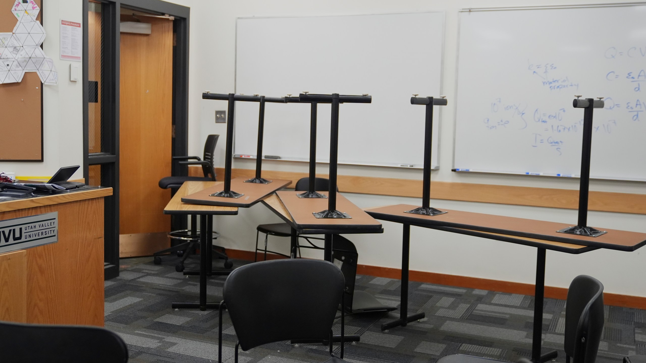 Chairs and tables are stacked in a classroom a day after the shooting of Charlie Kirk at Utah Valley University in Orem, Utah, Thursday, Sept. 11, 2025. (AP Photo/Lindsey Wasson)