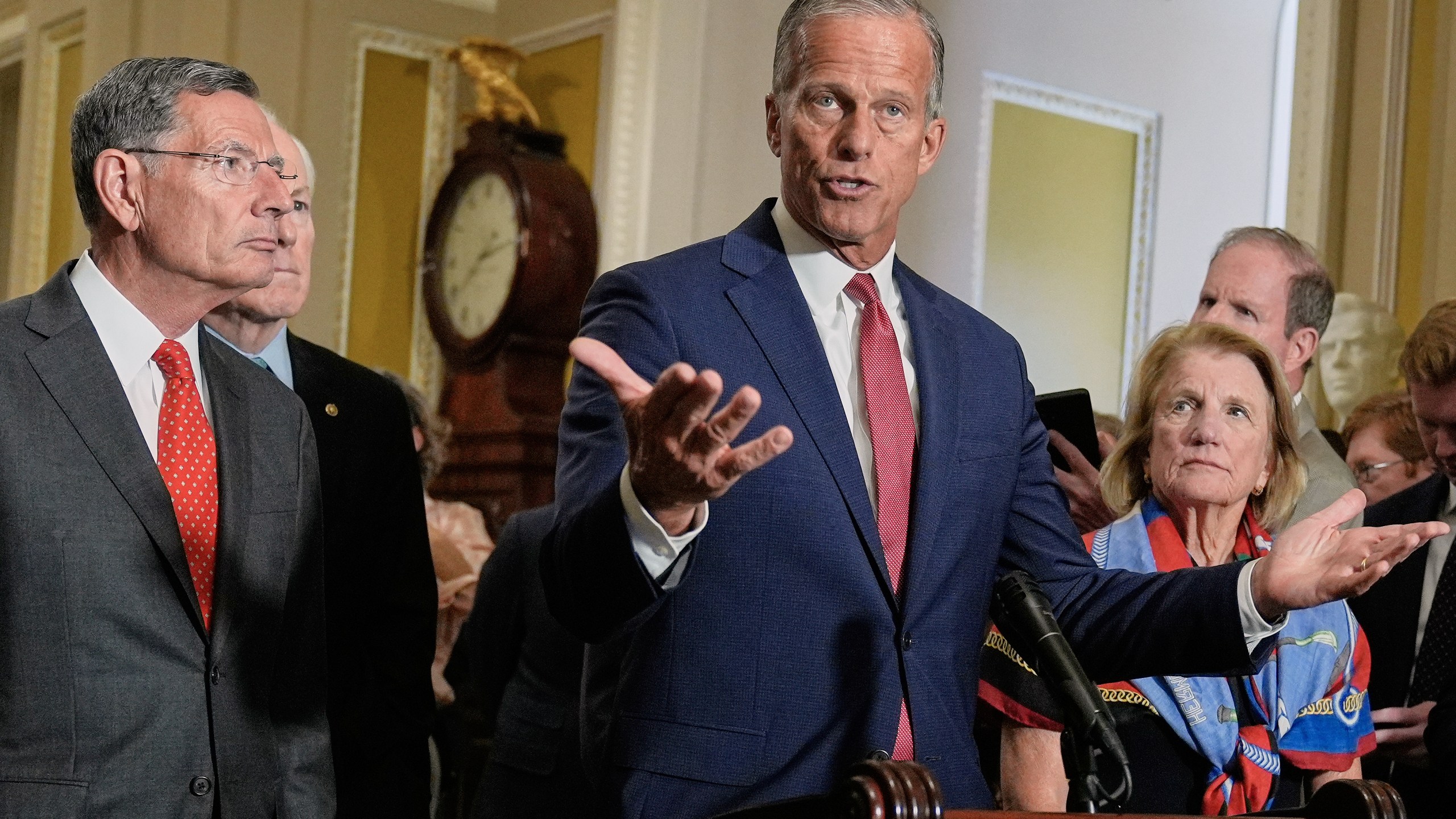 Senate Majority Leader John Thune, R-S.D., center, speaks during a news conference after a policy luncheon at the CapitolTuesday, Sept. 9, 2025, in Washington. (AP Photo/Mariam Zuhaib)