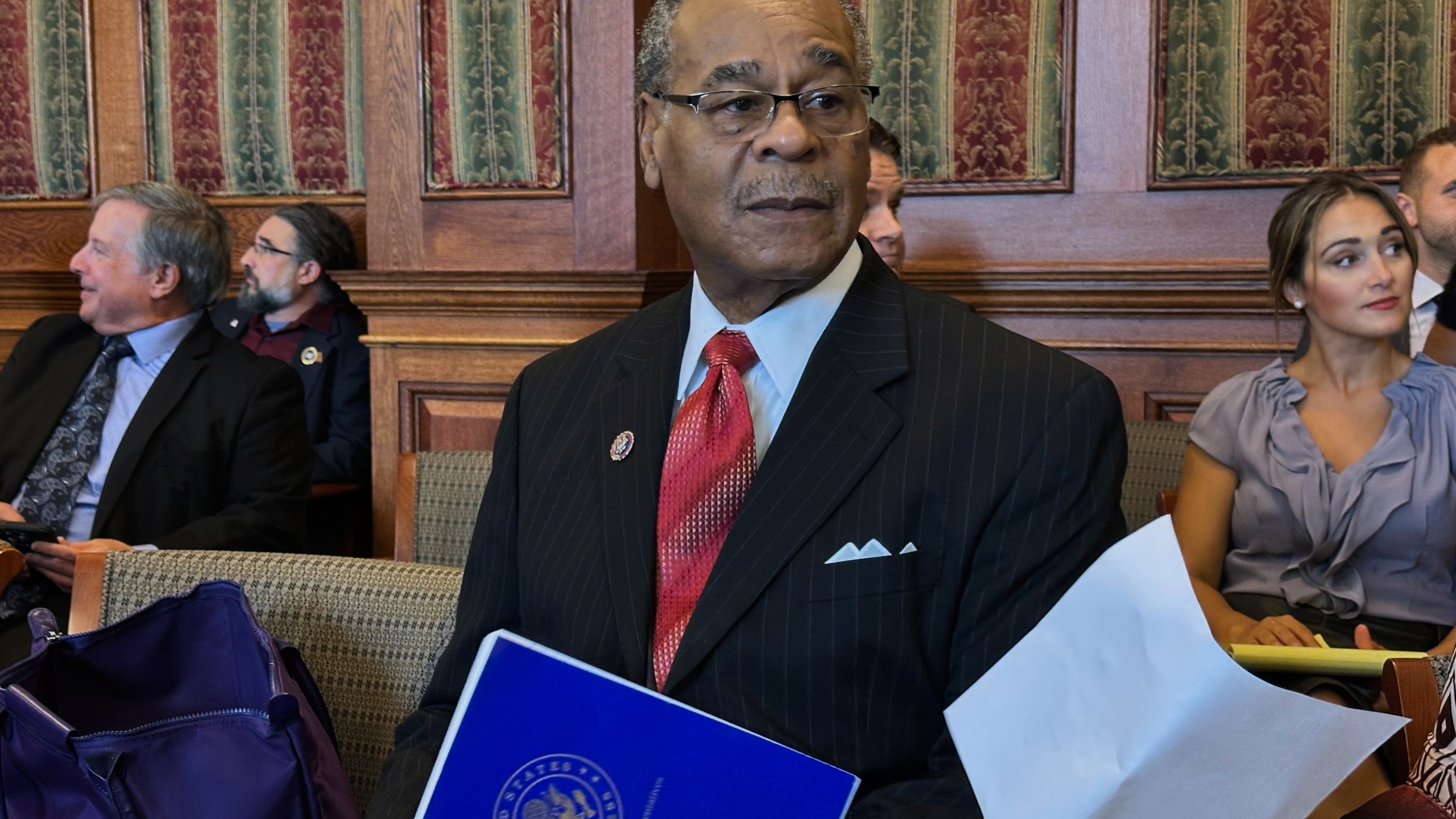 Democratic U.S. Rep. Emanuel Cleaver waits to speak against a proposed congressional redistricting plan at a state Senate committee hearing on Friday, Sept. 11, 2025 in Jefferson City, Mo. (AP Photo/David A. Lieb)