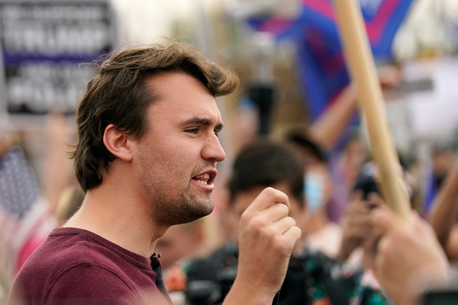 FILE - Charlie Kirk, conservative activist and founder of Turning Point USA, speaks to supporters of President Donald Trump at a rally outside the Maricopa County Recorder's Office, Friday, Nov. 6, 2020, in Phoenix. (AP Photo/Ross D. Franklin, File)