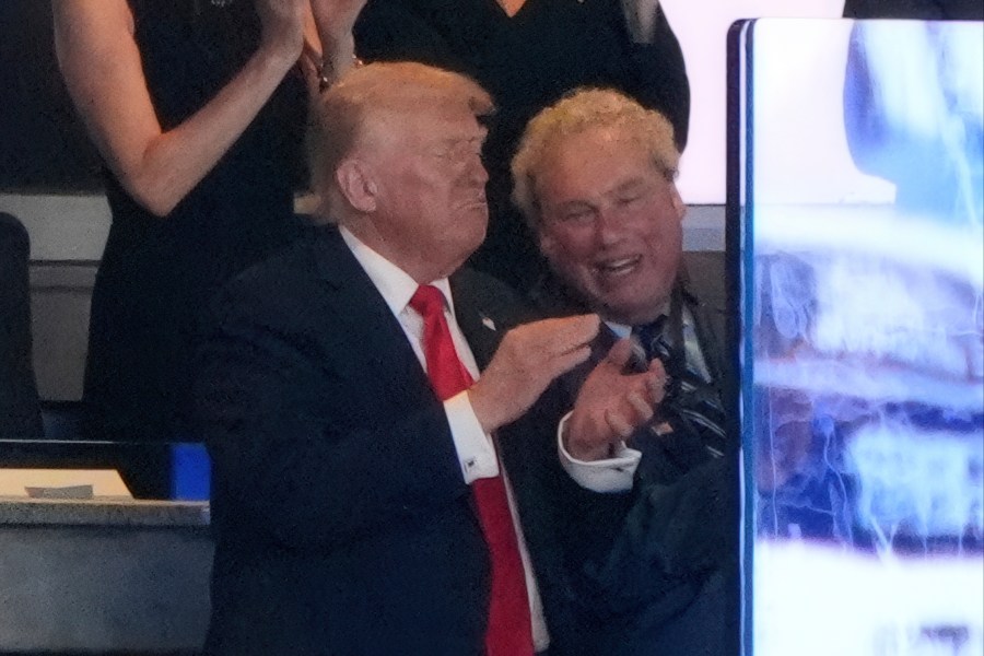 President Donald Trump attends a Detroit Tigers against the New York Yankees baseball game, Thursday, Sept. 11, 2025, in New York, with Yankees president Randy Levine. (AP Photo/Alex Brandon)