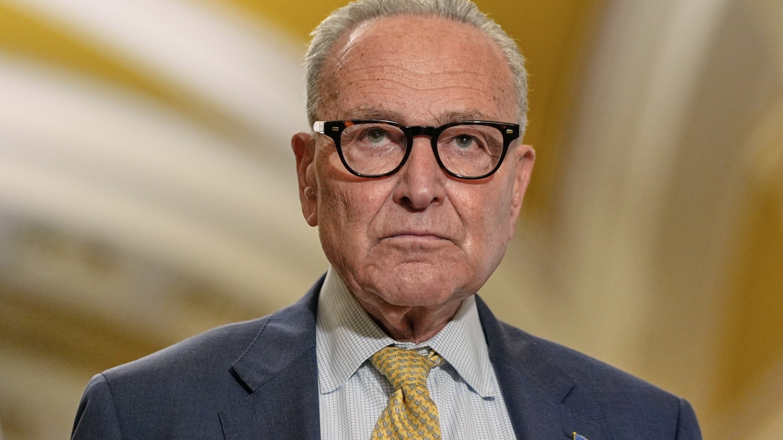 Senate Minority Leader Chuck Schumer of N.Y., listens during a news conference after a policy luncheon at the Capitol, Tuesday, Sept. 9, 2025, in Washington. (AP Photo/Mariam Zuhaib)