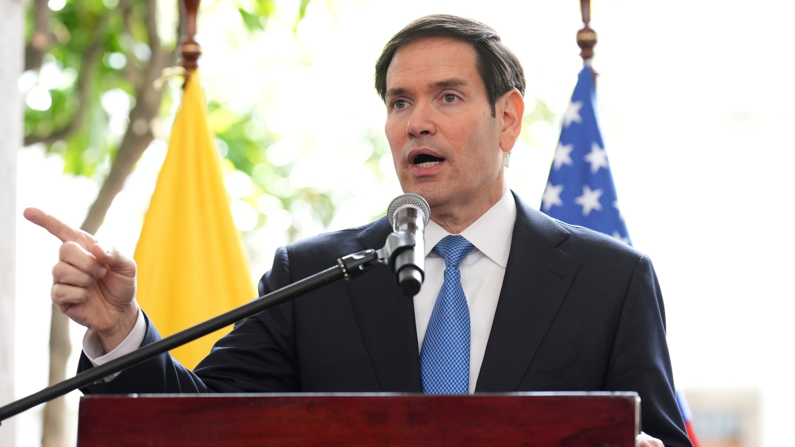 Secretary of State Marco Rubio speaks during a joint news conference with Ecuador’s Foreign Minister Gabriela Sommerfeld at the Palacio de Carondelet, in Quito, Ecuador, Thursday, Sept. 4, 2025. (AP Photo/Jacquelyn Martin, Pool)