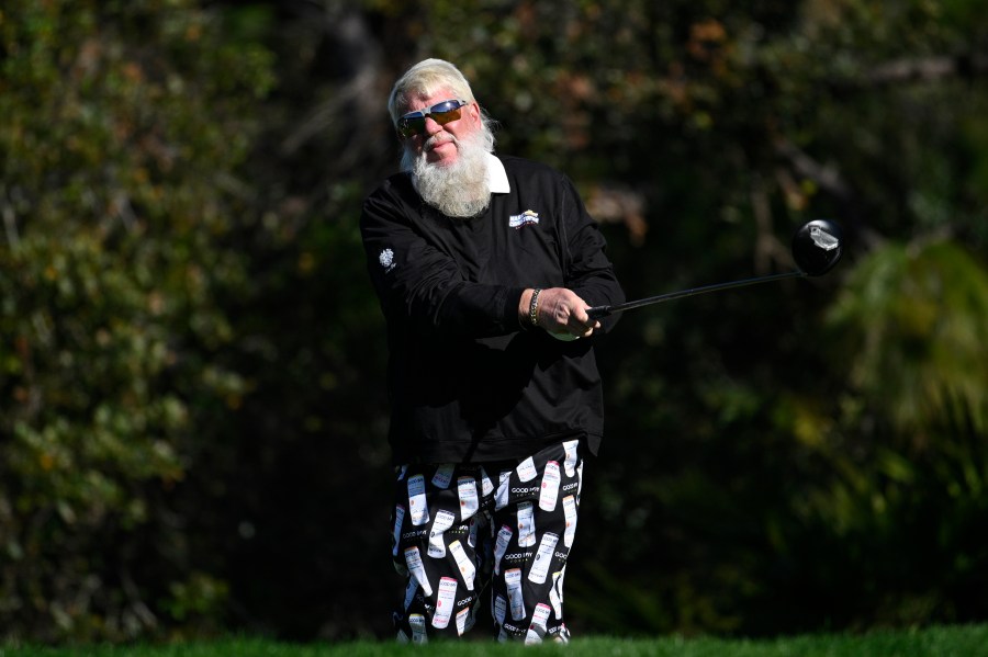 FILE - John Daly tees off on the second hole during the final round of the PNC Championship golf tournament, Sunday, Dec. 22, 2024, in Orlando, Fla. (AP Photo/Phelan M. Ebenhack, File)