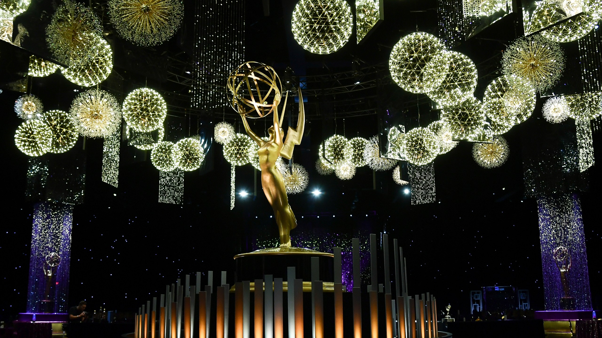 An Emmy statue appears on the stage for the 77th Primetime Emmy Awards red carpet rollout on Thursday, Sept. 11, 2025, in Los Angeles. (Photo by Richard Shotwell/Invision/AP)