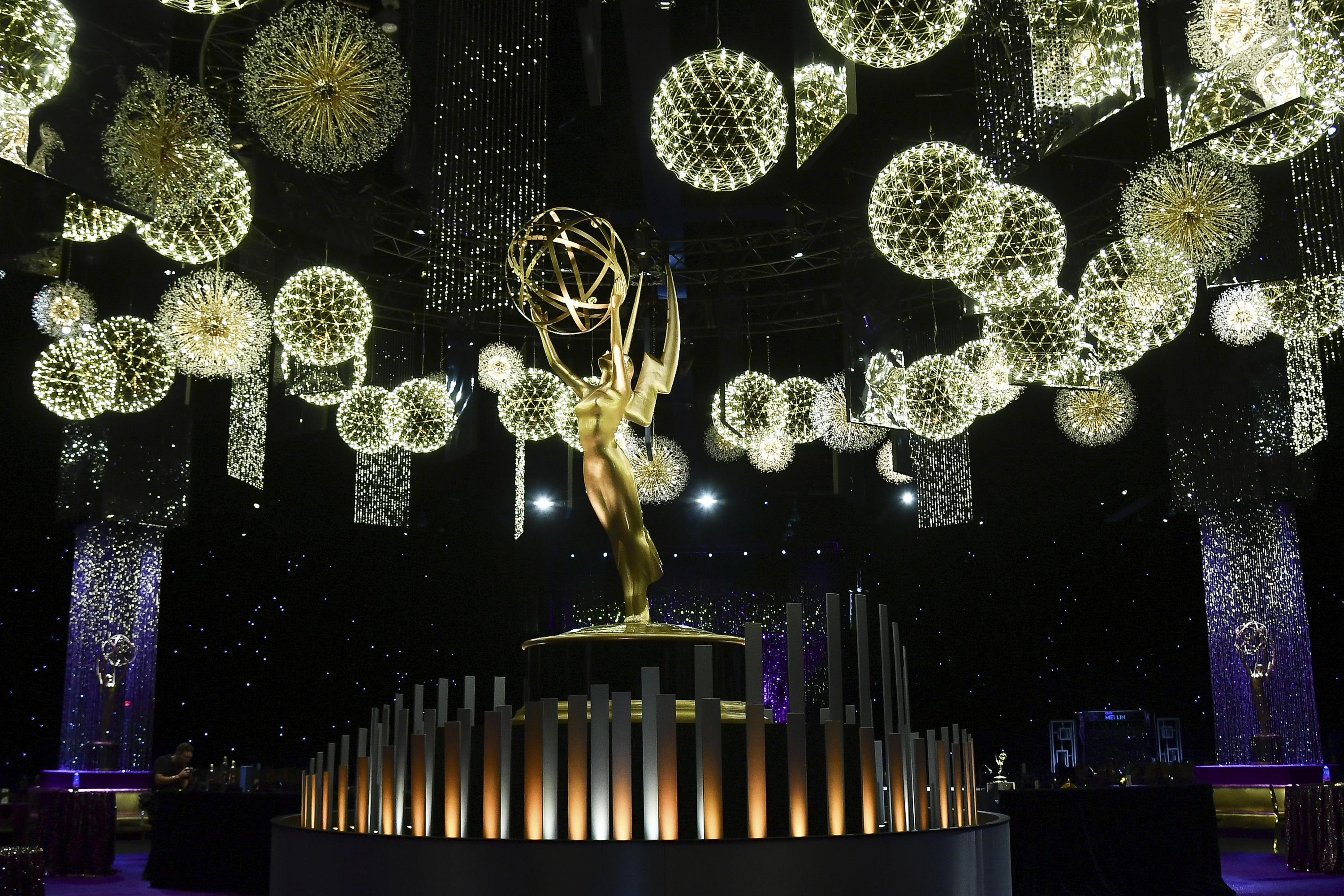 An Emmy statue appears on the stage for the 77th Primetime Emmy Awards red carpet rollout on Thursday, Sept. 11, 2025, in Los Angeles. (Photo by Richard Shotwell/Invision/AP)