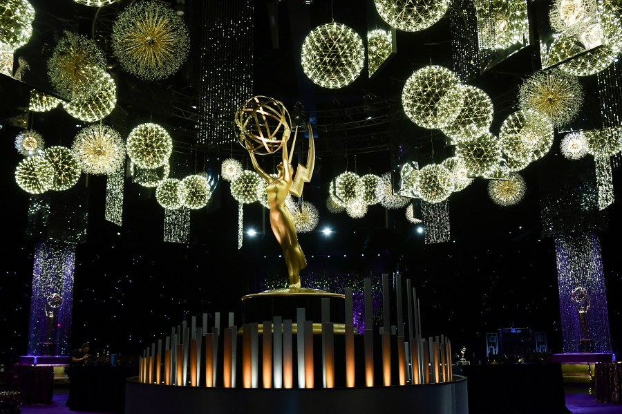 An Emmy statue appears on the stage for the 77th Primetime Emmy Awards red carpet rollout on Thursday, Sept. 11, 2025, in Los Angeles. (Photo by Richard Shotwell/Invision/AP)
