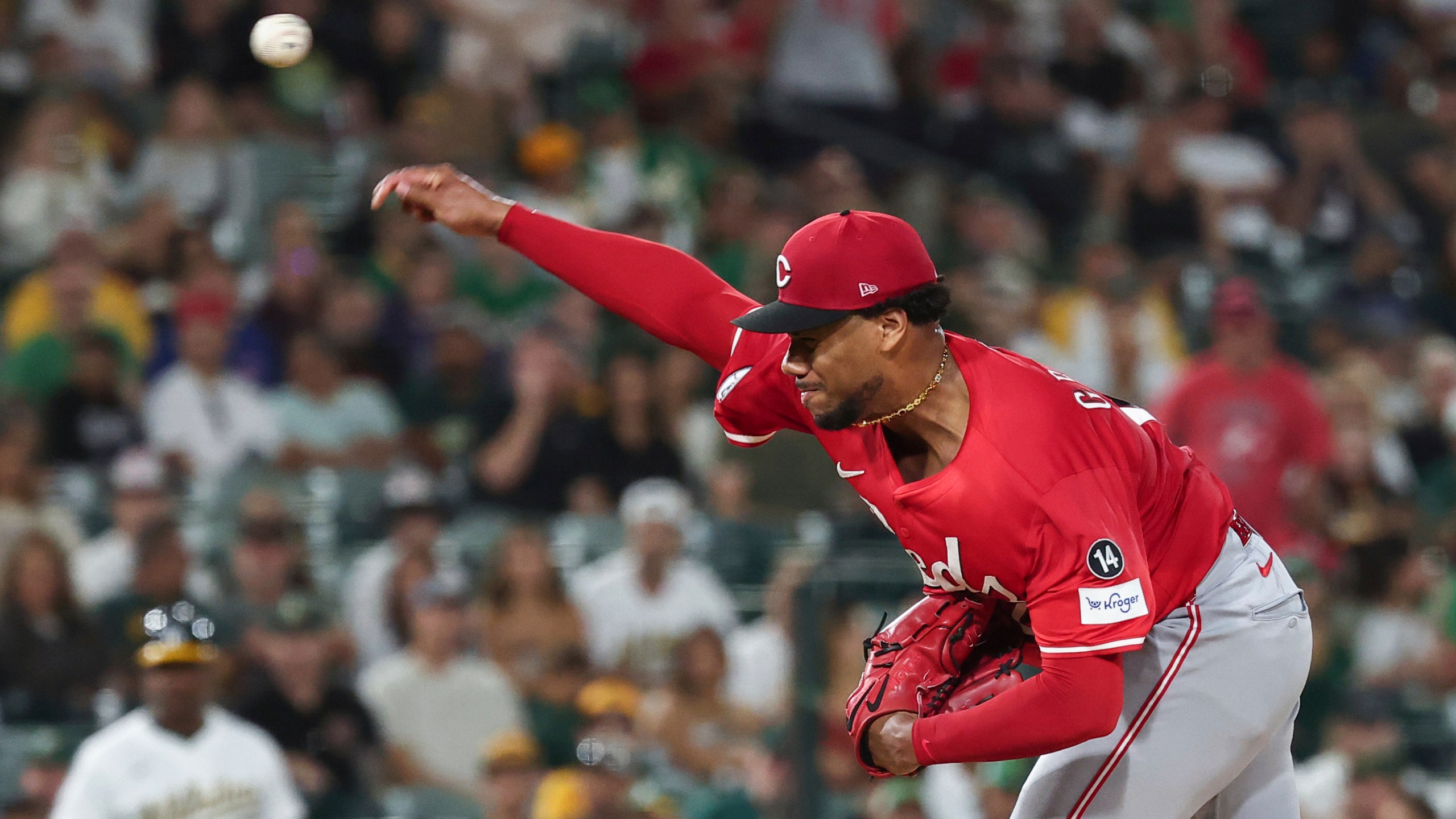 Cincinnati Reds pitcher Hunter Greene throws to the Athletics during the third inning of a baseball game Saturday, Sept. 13, 2025, in West Sacramento, Calif. (AP Photo/Sara Nevis)