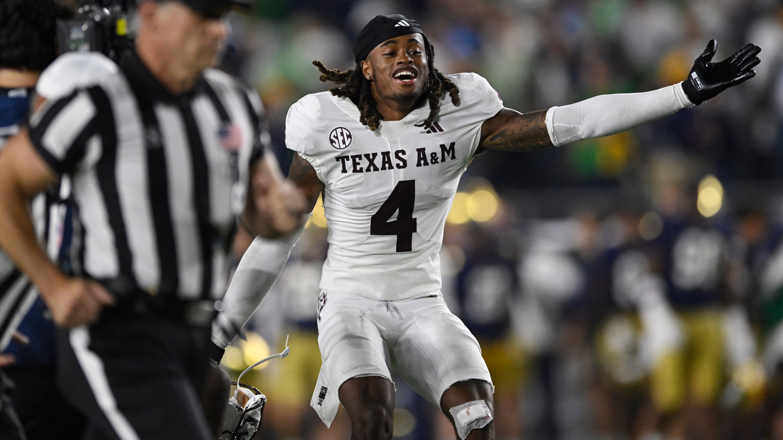 Texas A&M's Will Lee III celebrates after defeating Notre Dame 41-40 in an NCAA football game Saturday, Sept. 13, 2025, in South Bend, Ind. (AP Photo/Paul Beaty)