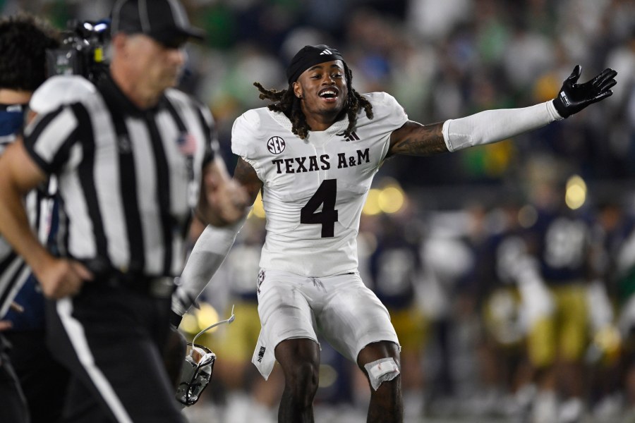 Texas A&M's Will Lee III celebrates after defeating Notre Dame 41-40 in an NCAA football game Saturday, Sept. 13, 2025, in South Bend, Ind. (AP Photo/Paul Beaty)