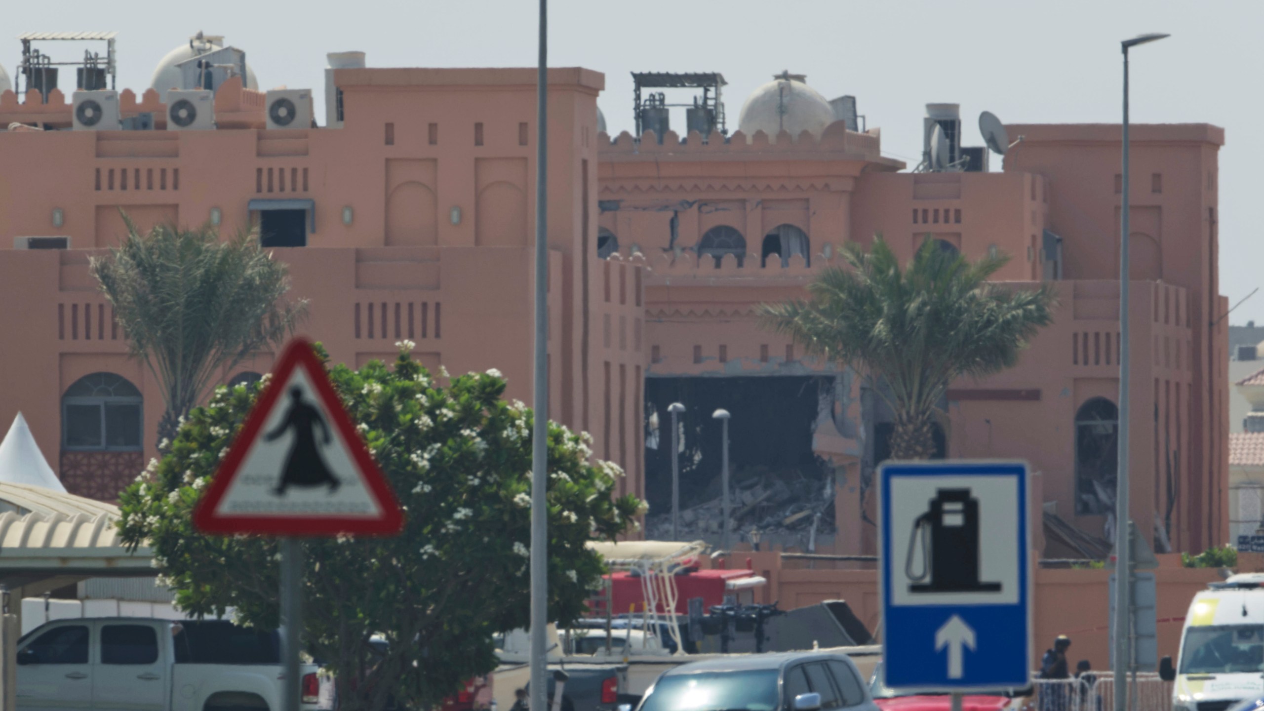 Damage is seen after an Israeli strike targeted a compound that hosted Hamas' political leadership in Doha, Qatar, Wednesday, Sept. 10, 2025. (AP Photo/Jon Gambrell)