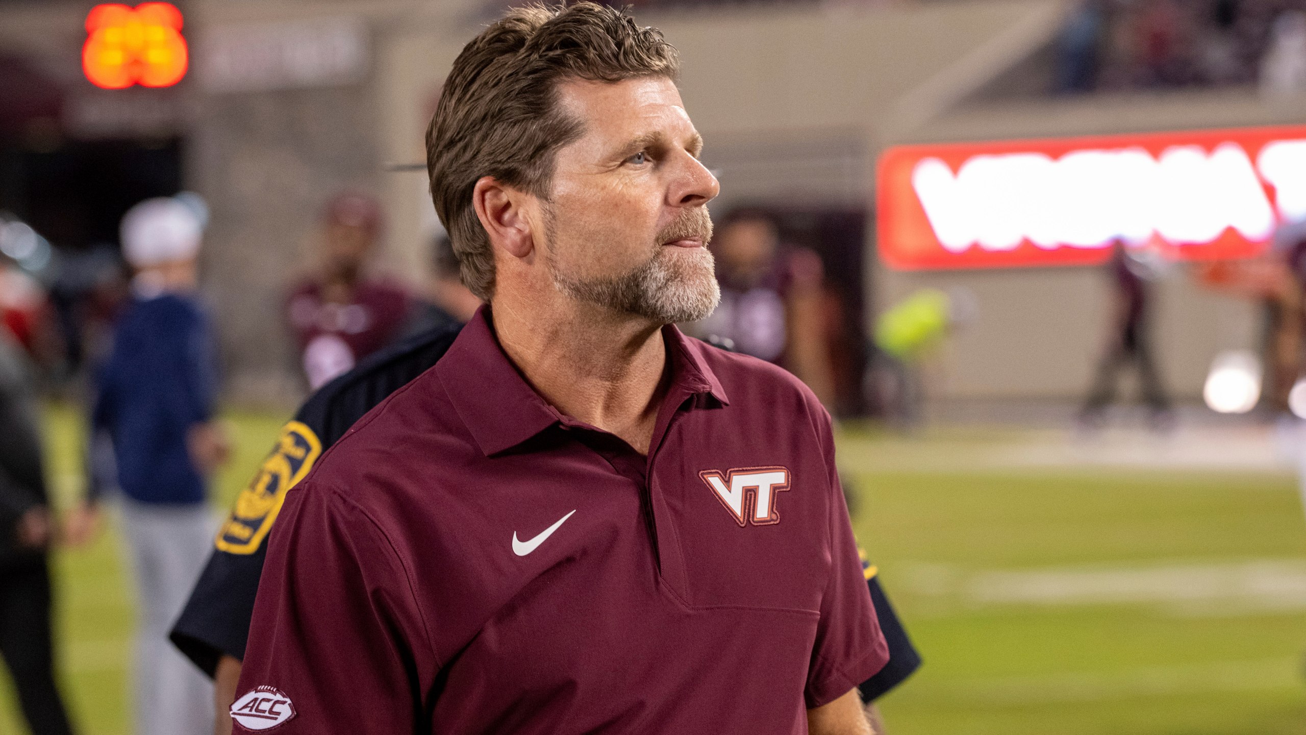 Virginia Tech head coach Brent Pry looks on after an NCAA college football game against Old Dominion, Saturday, Sept. 13, 2025, in Blacksburg, Va. (AP Photo/Robert Simmons)