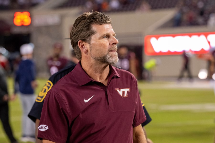 Virginia Tech head coach Brent Pry looks on after an NCAA college football game against Old Dominion, Saturday, Sept. 13, 2025, in Blacksburg, Va. (AP Photo/Robert Simmons)