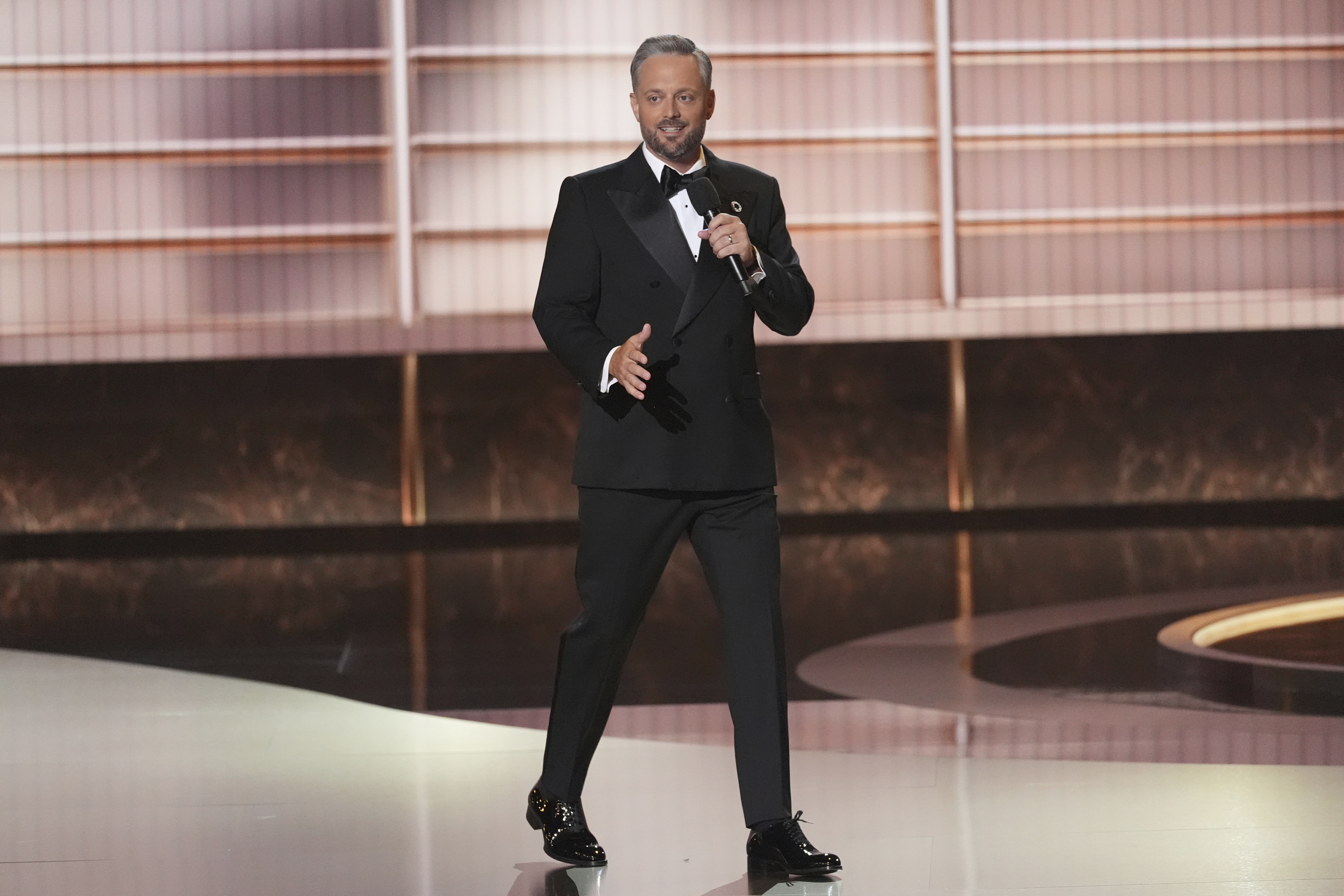 Host Nate Bargatze speaks during the 77th Primetime Emmy Awards on Sunday, Sept. 14, 2025, at the Peacock Theater in Los Angeles. (AP Photo/Chris Pizzello)