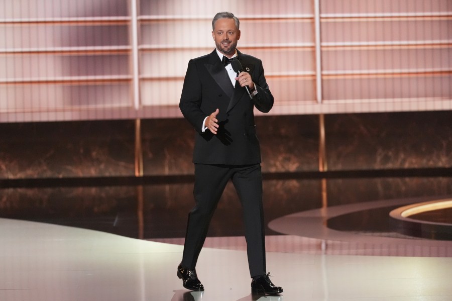 Host Nate Bargatze speaks during the 77th Primetime Emmy Awards on Sunday, Sept. 14, 2025, at the Peacock Theater in Los Angeles. (AP Photo/Chris Pizzello)