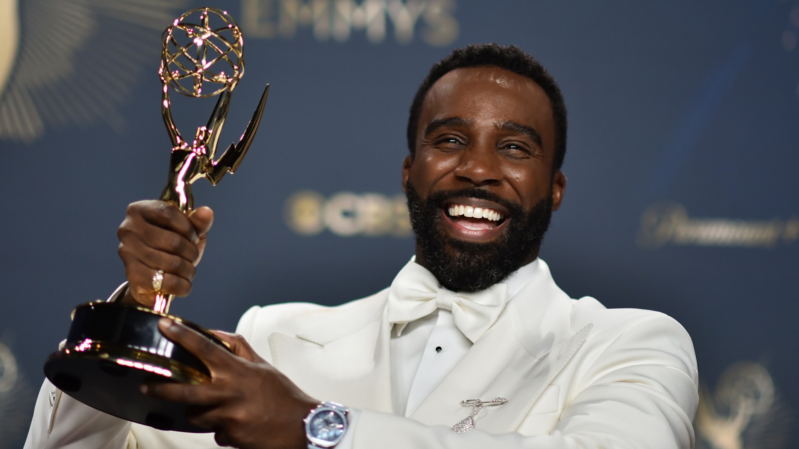 Tramell Tillman, winner of the award for outstanding supporting actor in a drama series for "Severance," poses in the press room during the 77th Primetime Emmy Awards on Sunday, Sept. 14, 2025, at the Peacock Theater in Los Angeles. (Photo by Richard Shotwell/Invision/AP)