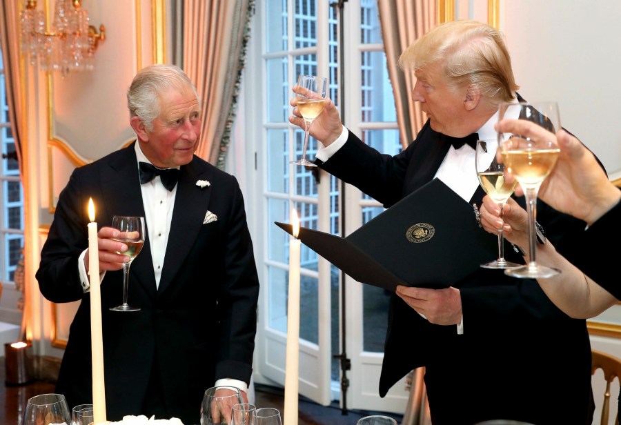FILE - U.S. President Donald Trump and Britain's Prince Charles toast, during the Return Dinner in Winfield House, the residence of the Ambassador of the United States of America to the UK, in Regent's Park, part of the president's state visit to the UK, in London, Tuesday, June 4, 2019. (Chris Jackson/Pool Photo via AP, File)