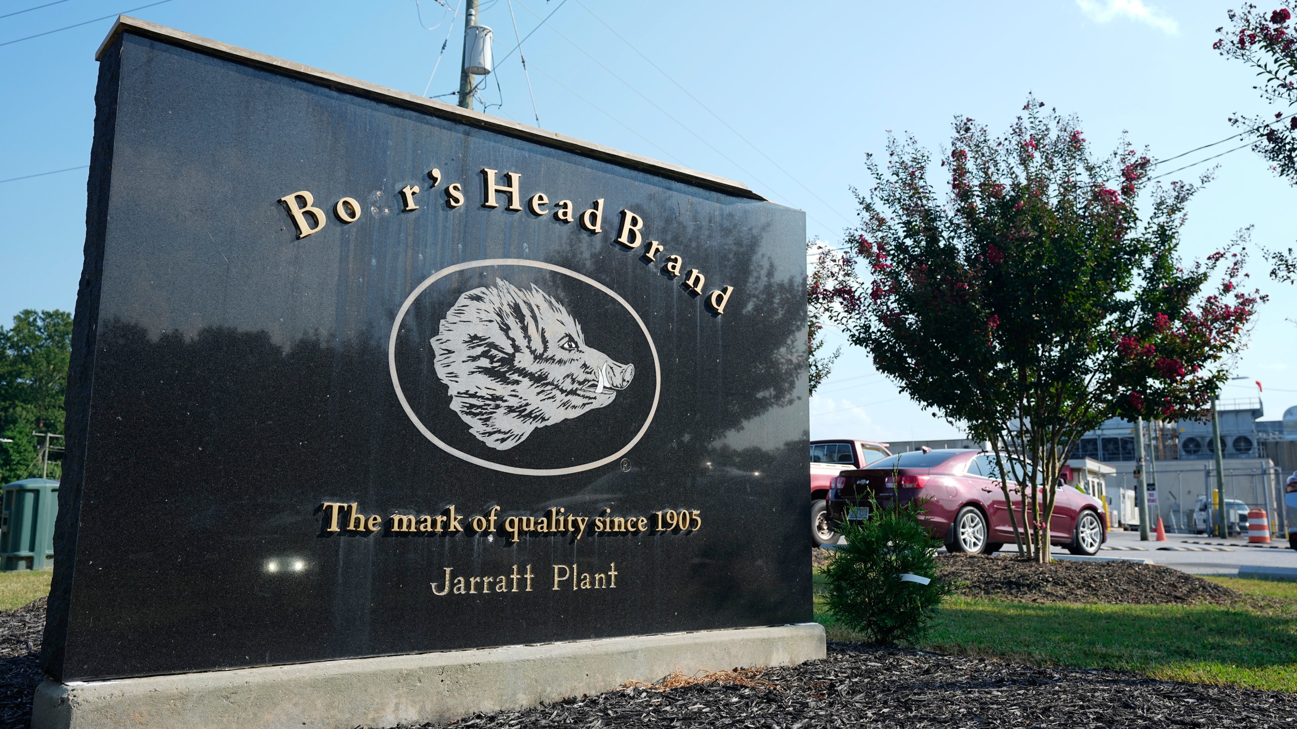 FILE - A sign marks the entrance of the Boar's Head processing plant in Jarratt, Va., on Thursday Aug. 29, 2024. (AP Photo/Steve Helber, File)