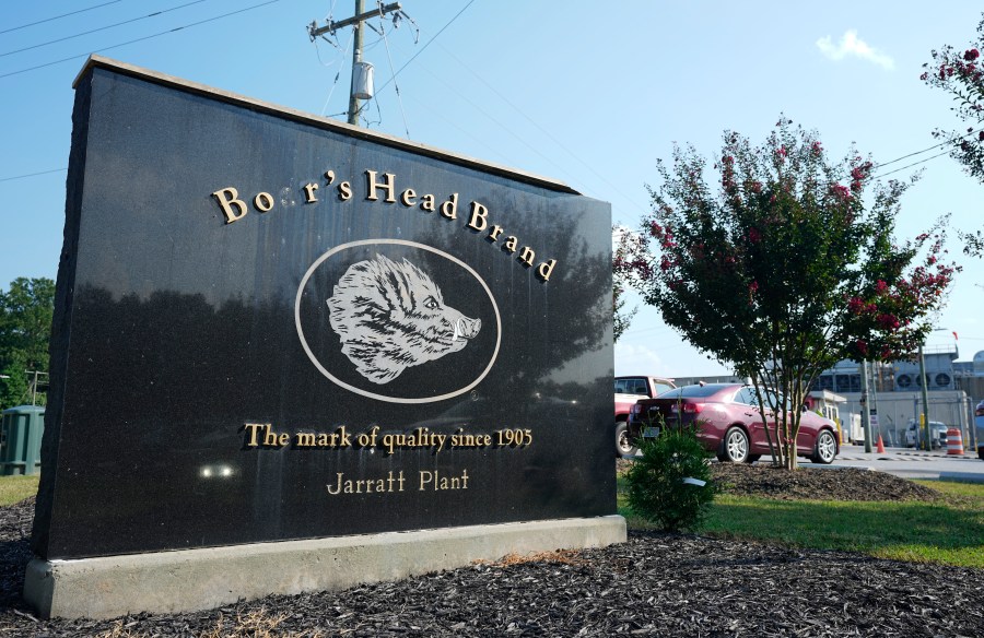 FILE - A sign marks the entrance of the Boar's Head processing plant in Jarratt, Va., on Thursday Aug. 29, 2024. (AP Photo/Steve Helber, File)