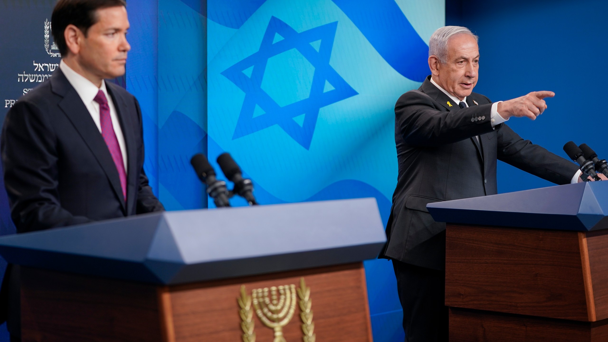 Israeli Prime Minister Benjamin Netanyahu and U.S. Secretary of State Marco Rubio hold a joint press conference at the Prime Minister's Office, during Rubio's visit, in Jerusalem, Monday, Sept. 15, 2025. (Nathan Howard/Pool Photo via AP)