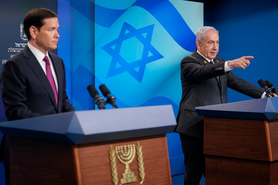 Israeli Prime Minister Benjamin Netanyahu and U.S. Secretary of State Marco Rubio hold a joint press conference at the Prime Minister's Office, during Rubio's visit, in Jerusalem, Monday, Sept. 15, 2025. (Nathan Howard/Pool Photo via AP)