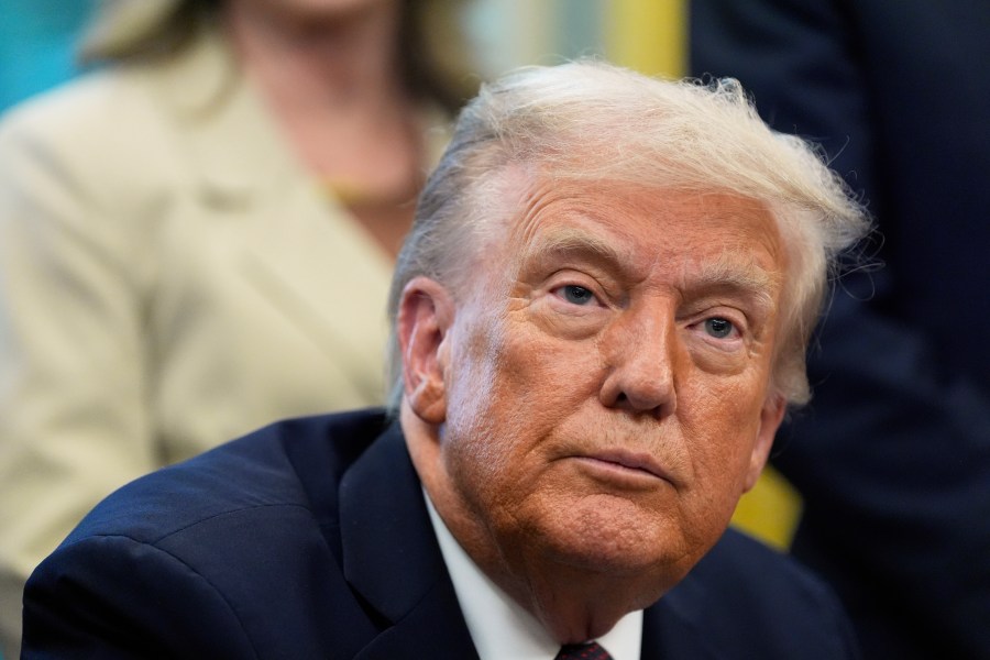 President Donald Trump speaks in the Oval Office of the White House, Monday, Sept. 15, 2025, in Washington. (AP Photo/Alex Brandon)